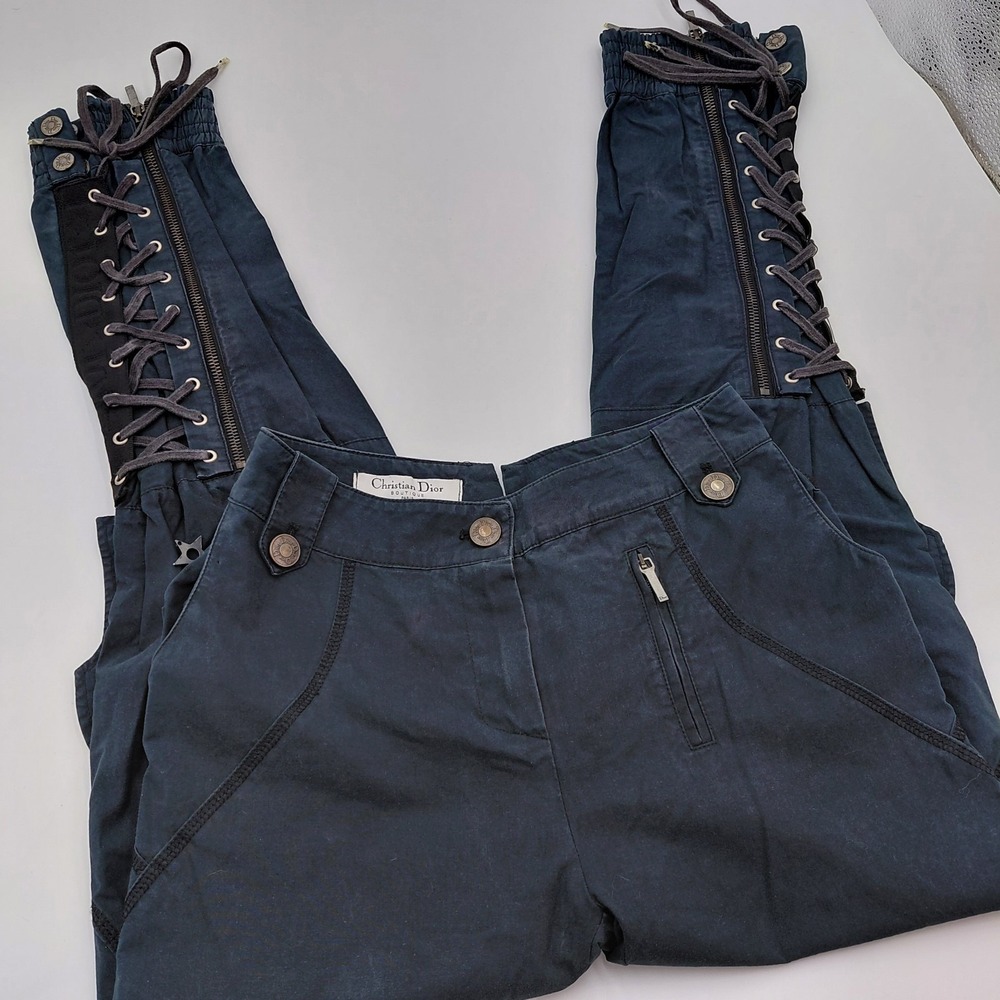 Vtg Christian Dior Boutique Galliano Y2K Bondage Star Blue Pants XS Lace Up